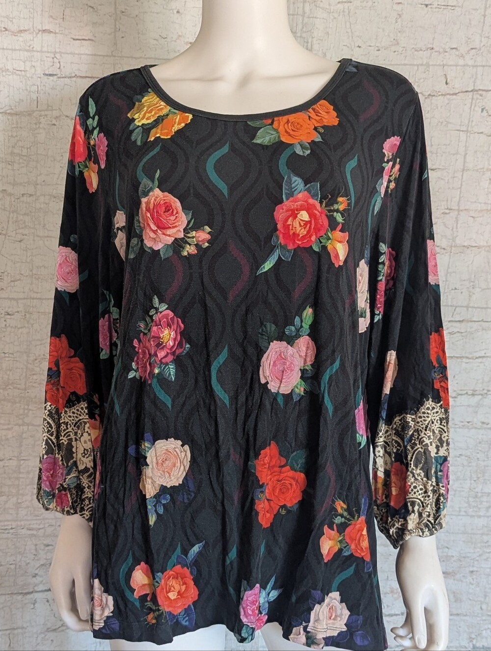 Johnny Was Black Floral Scoop-Neck Tunic with Pink & Orange Roses - Picture 3 of 6